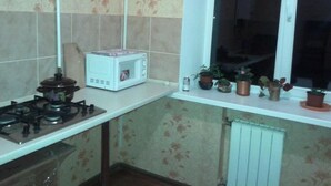 A kitchen with a gas stove, a microwave, and a window sill with potted plants. - Yourhostel La Femme (Kyiv)