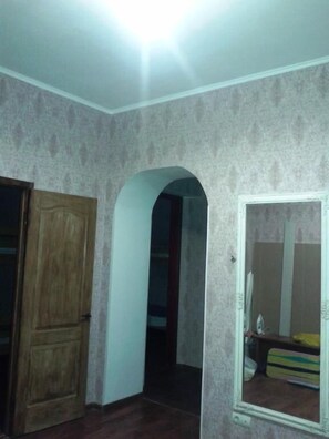 A room with a wooden door, an arched doorway, and a mirror on the wall.