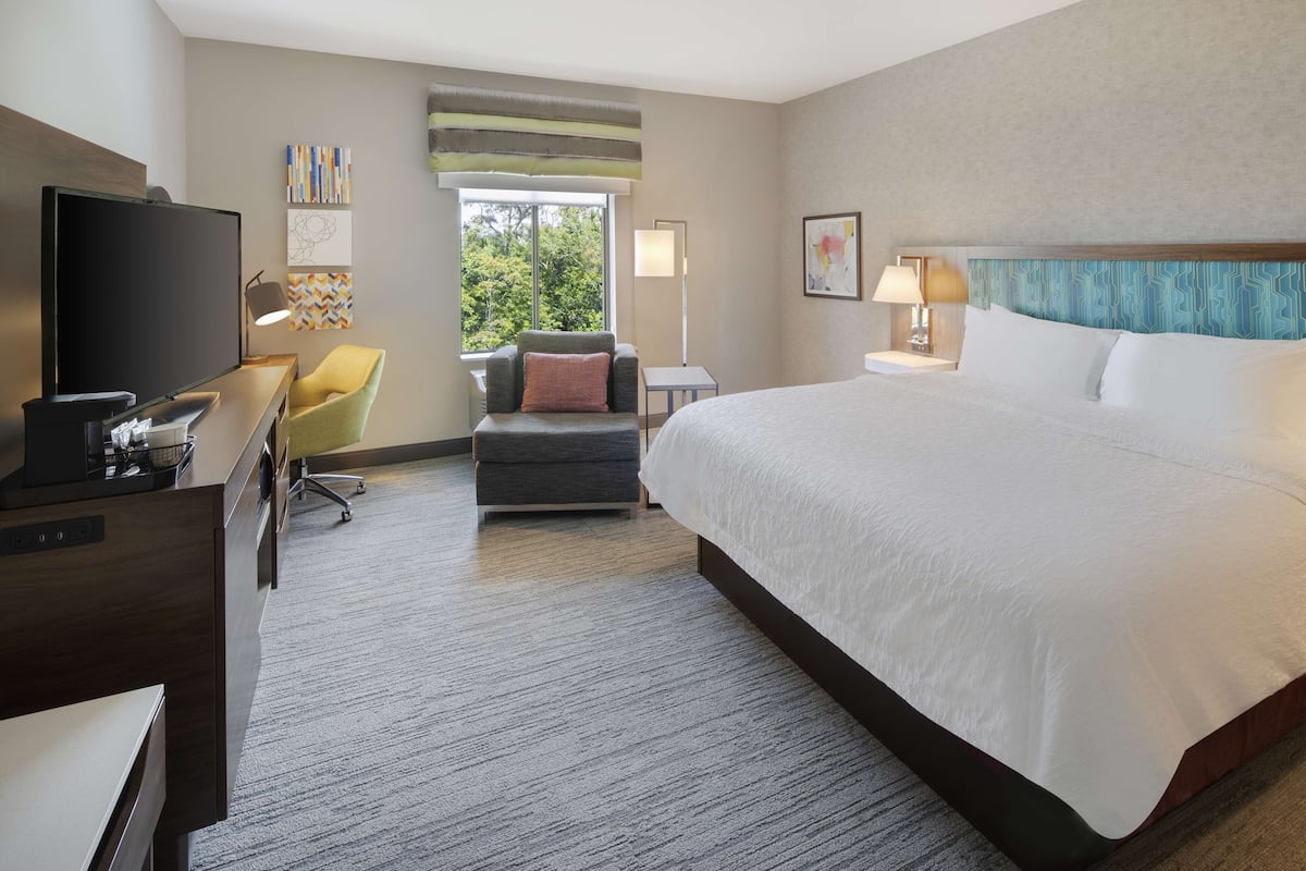 A hotel room with a large bed, a desk with a flat-screen TV, a comfortable armchair, and a view of trees through the window.