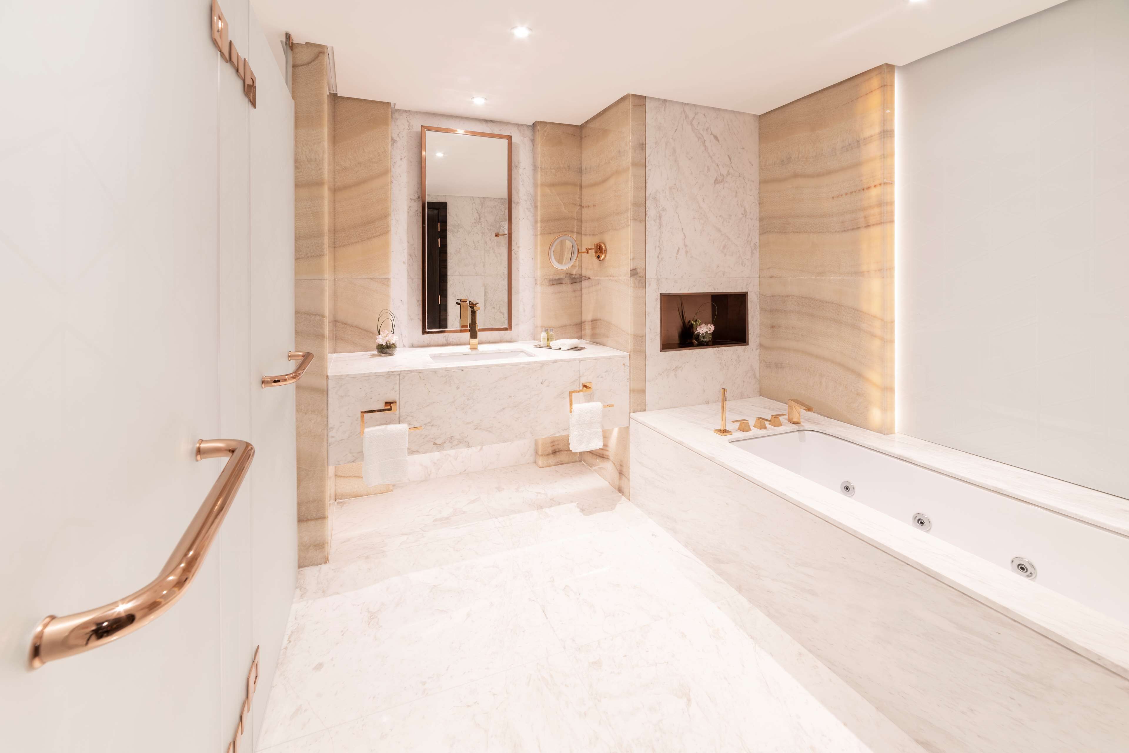 presidential suite, 1 king bed | bathroom | separate bathtub and shower, designer toiletries, hair dryer, bathrobes