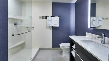 A modern bathroom with a glass shower enclosure, a white toilet, and a vanity with a sink and mirror.