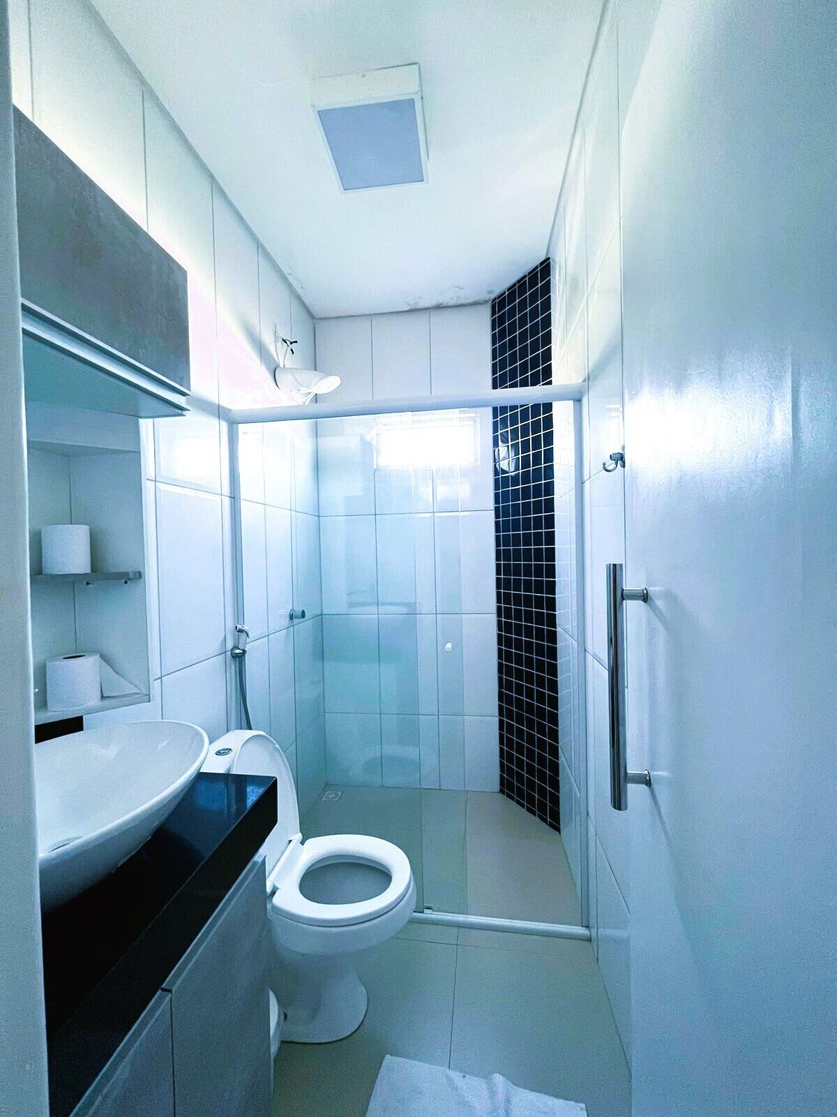 shower, rainfall showerhead, towels, soap