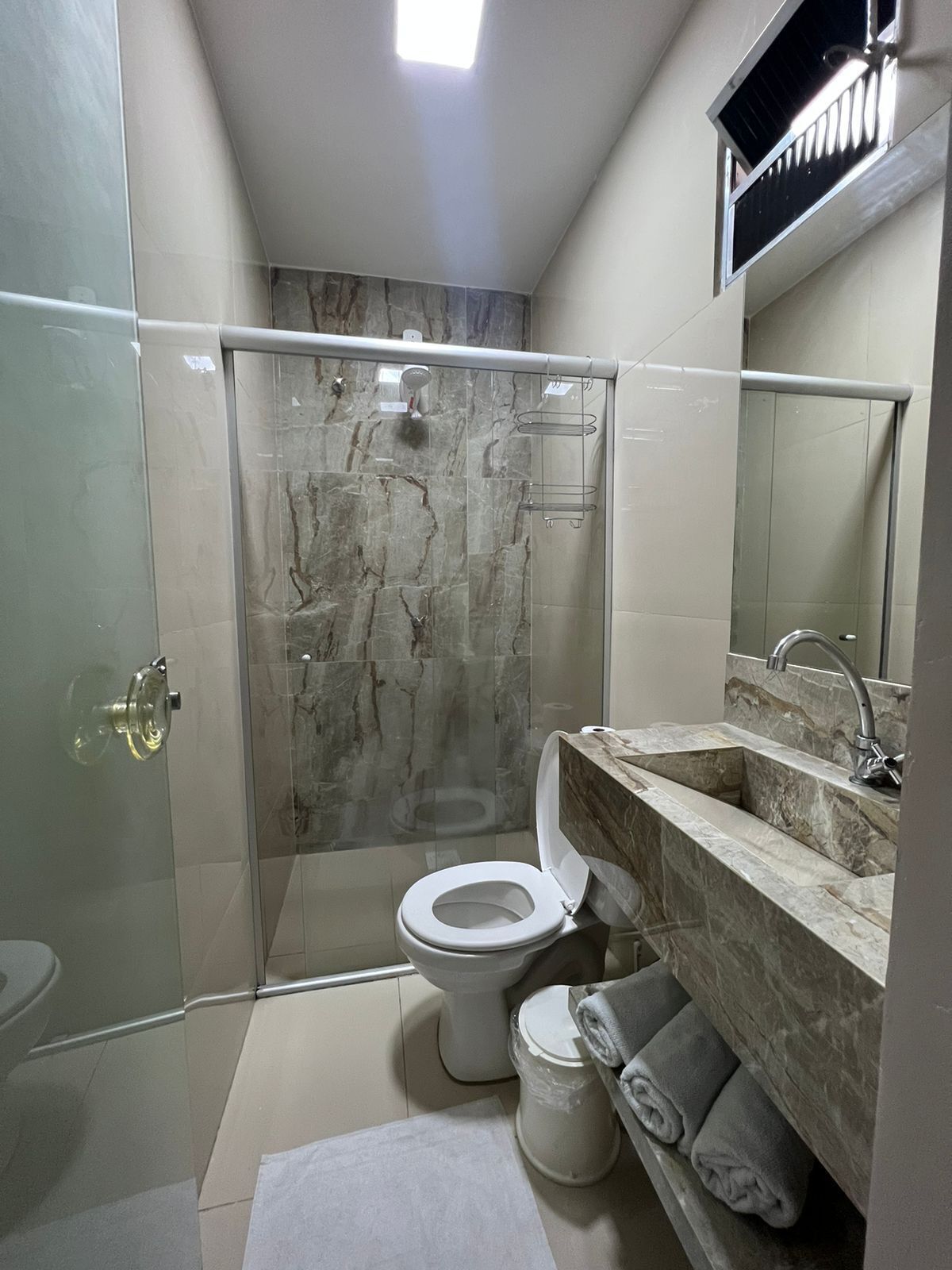 triple room | bathroom | shower, rainfall showerhead, towels, soap