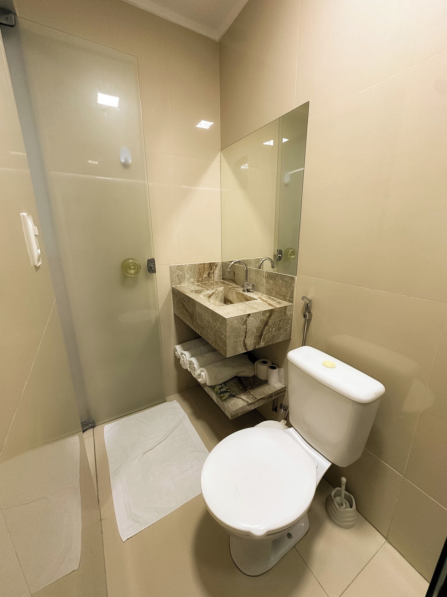 A modern bathroom with a glass shower enclosure, a marble sink, and a toilet.