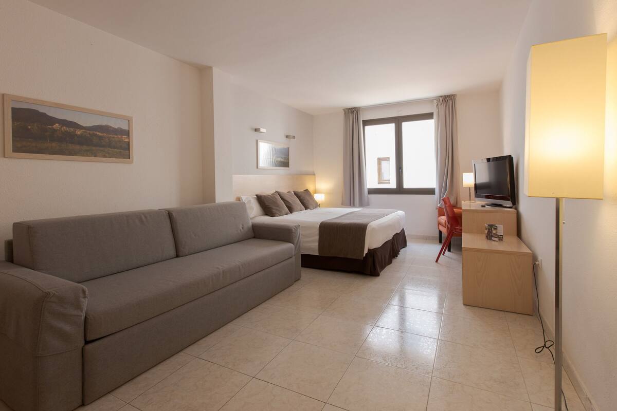 Una habitación de hotel con un sofá, una cama, un televisor y un escritorio.