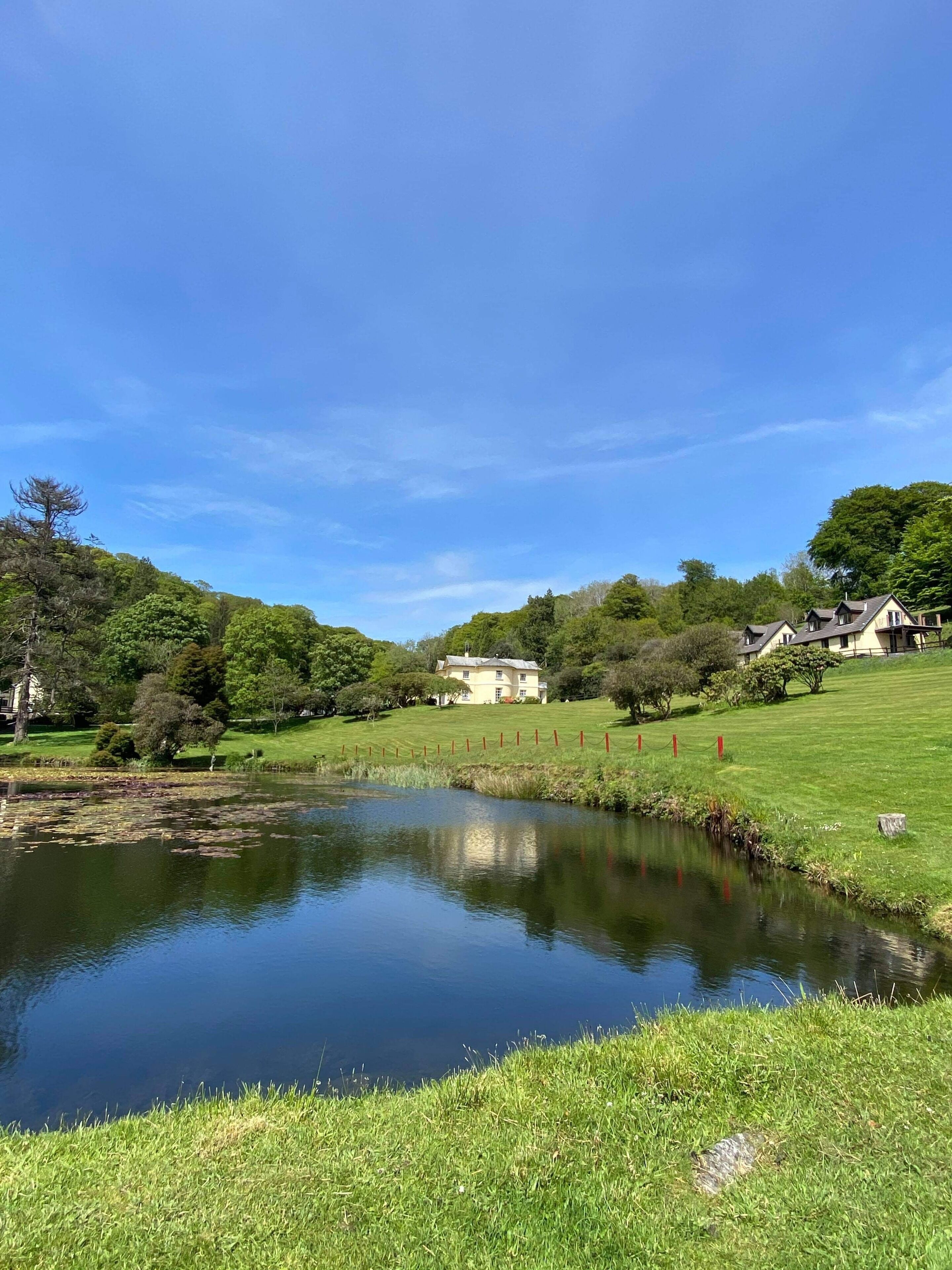 Uma paisagem tranquila com um lago, vegetação exuberante e uma casa ao fundo.