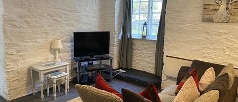 A living room with a television, a small table, a sofa with cushions, a window with curtains, and a wall with a deer painting.