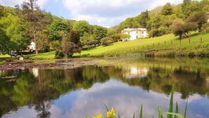 A serene lakeside setting with a white building, lush greenery, and a clear reflection in the water.