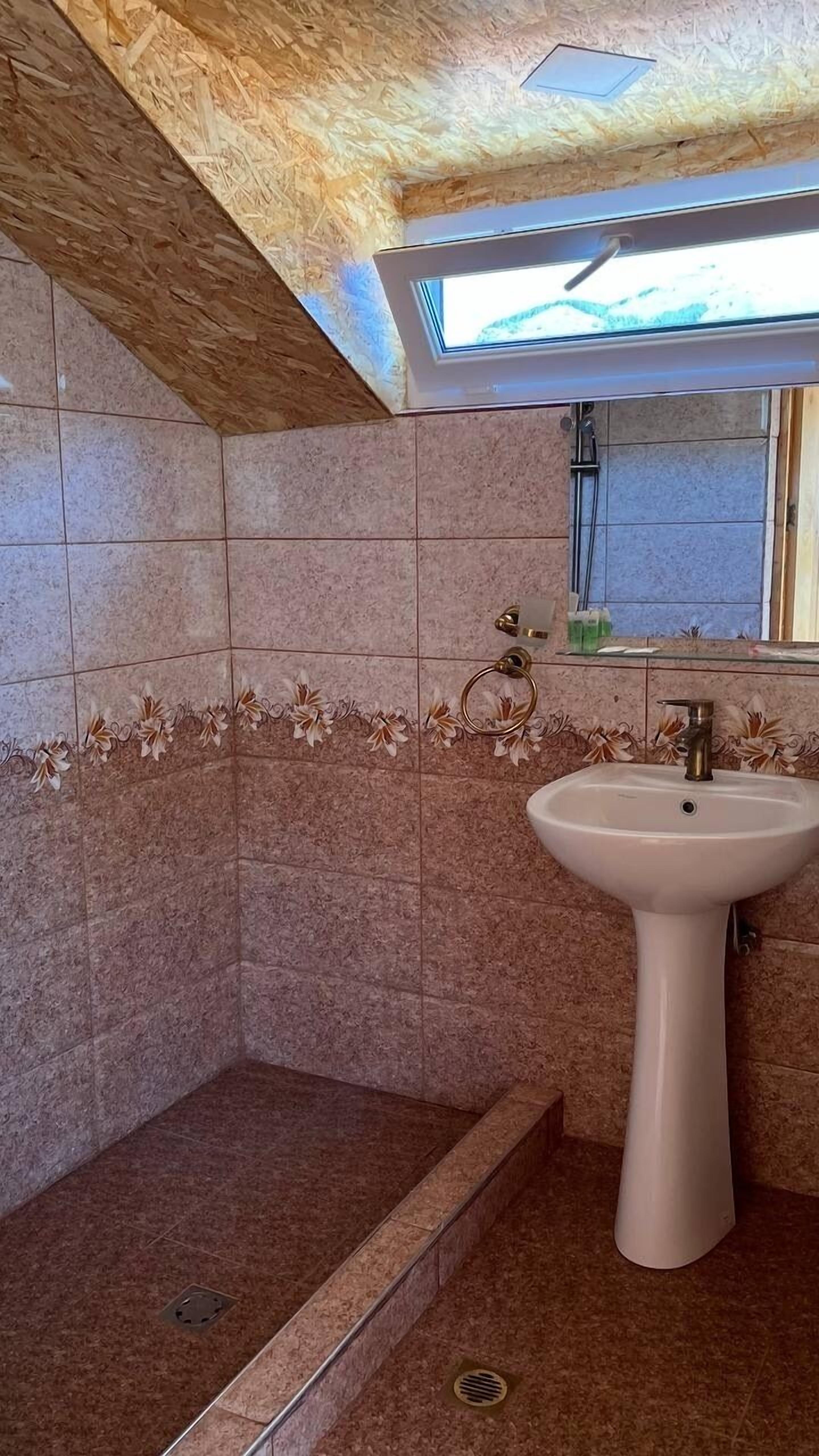 A bathroom with a shower, a sink, and a skylight.