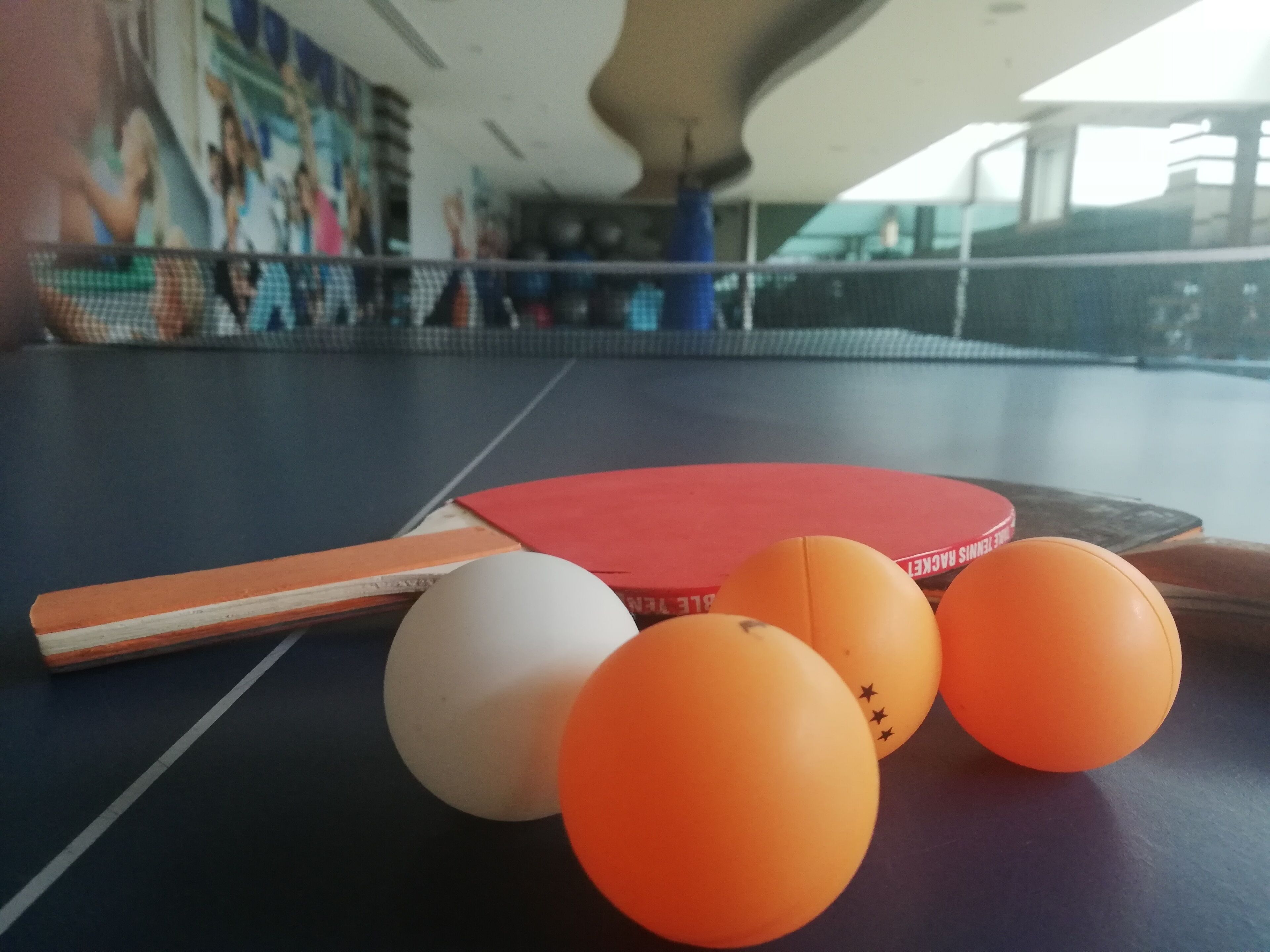 A table tennis table with a red paddle, a white ball, and three orange balls.