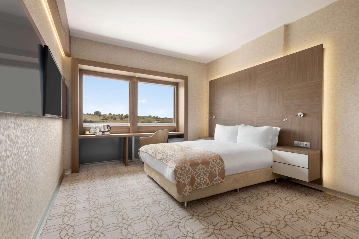 Una habitación de hotel moderna con una cama grande, un escritorio y vistas al campo.