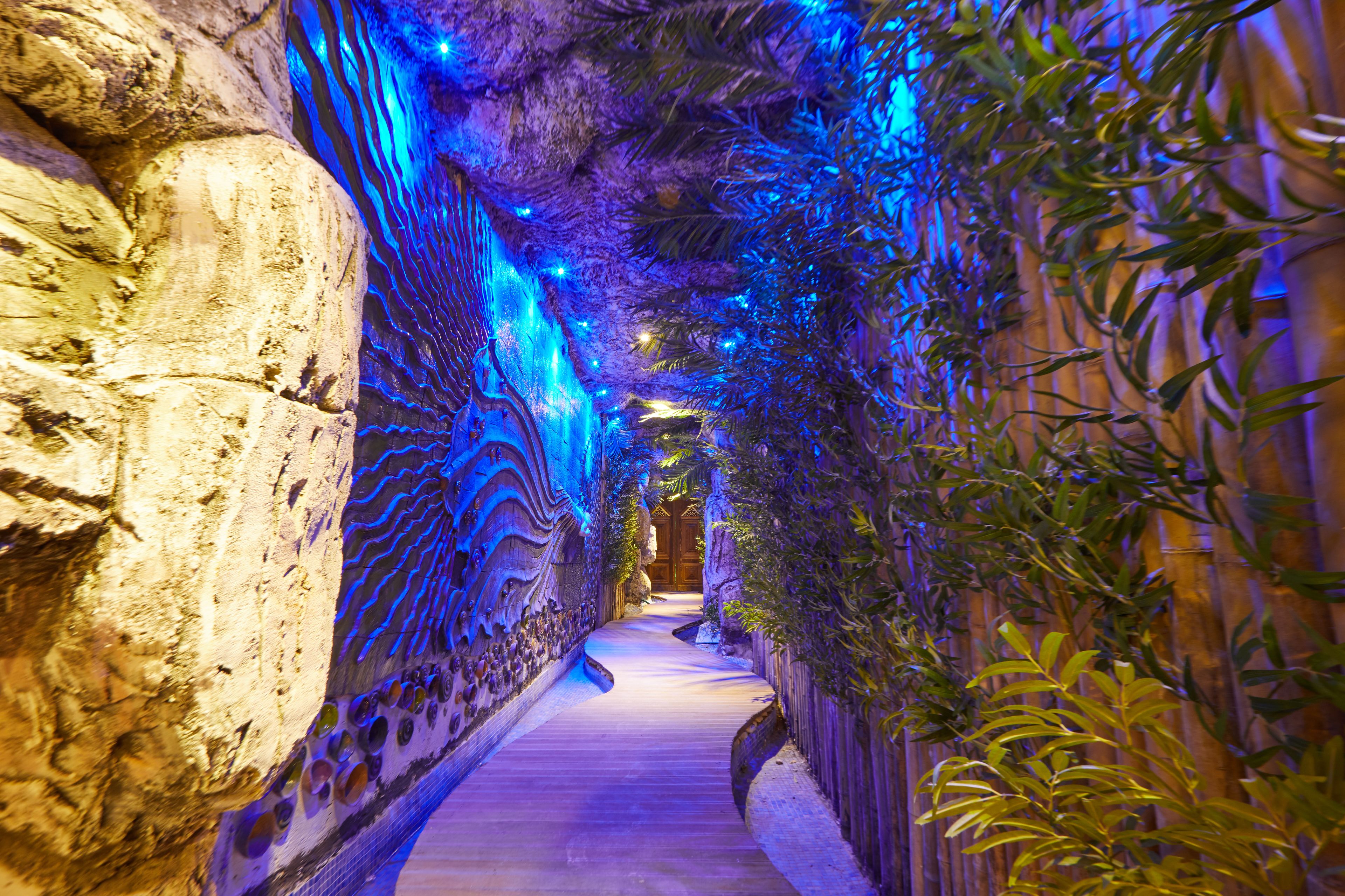 A narrow, illuminated corridor with a wooden floor, surrounded by walls with a textured, cave-like appearance and some greenery.