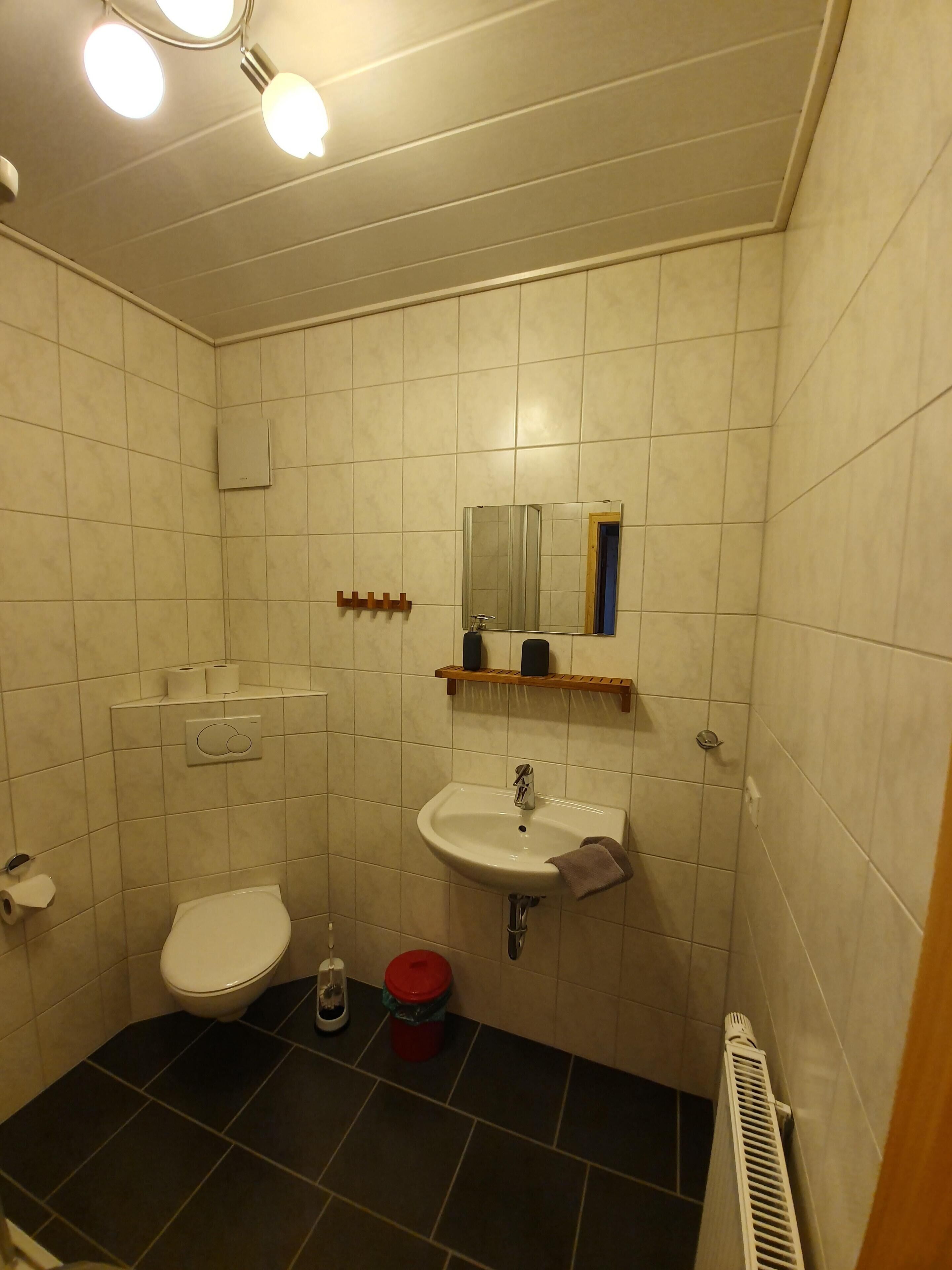 Un baño pequeño con inodoro, lavabo y espejo. Hay dos rollos de papel higiénico en la pared, un cubo rojo y un radiador blanco.