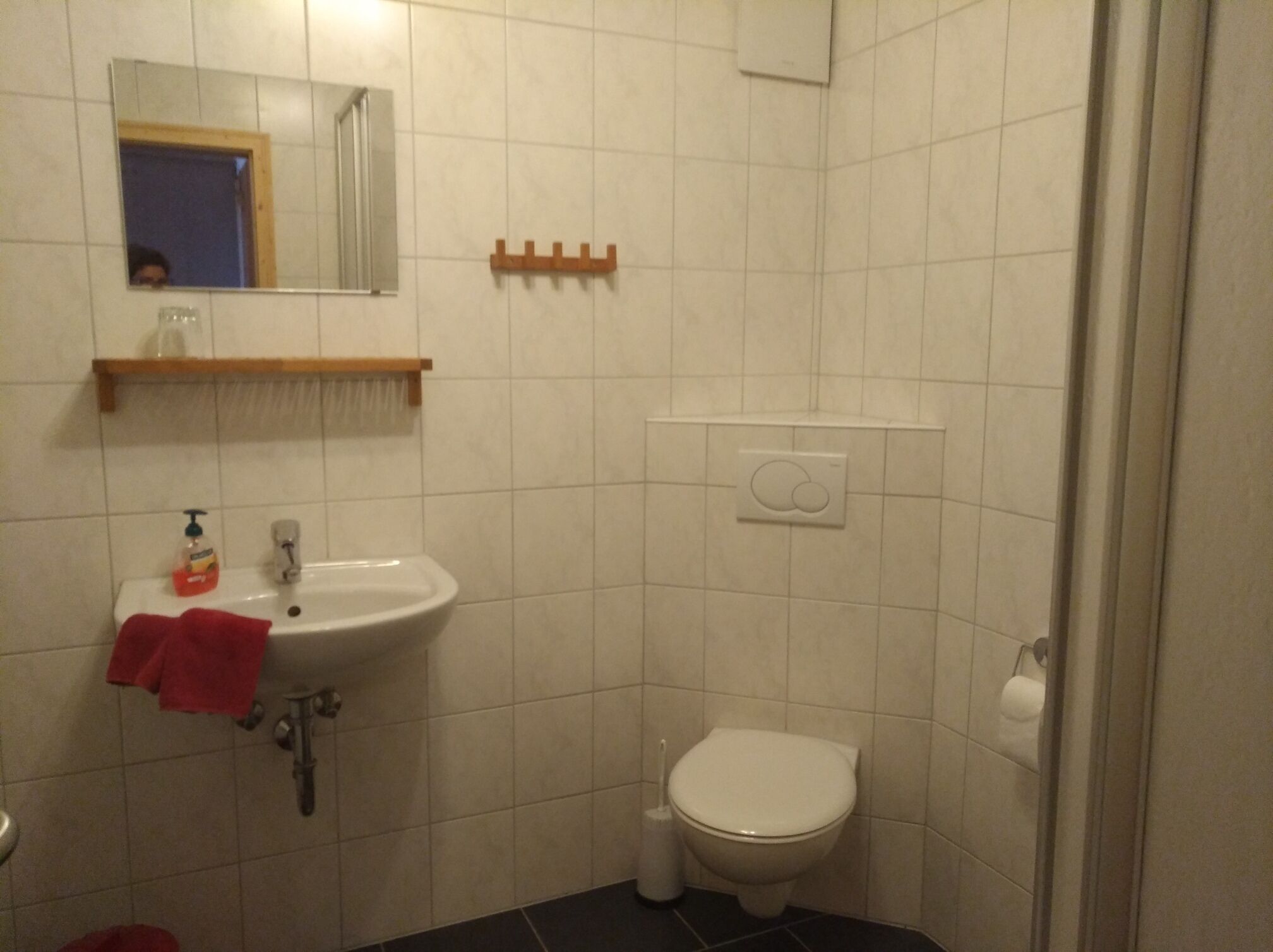 Un bagno piccolo e pulito con un lavandino bianco, un water e uno specchio.