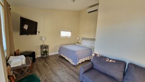Una habitación de hotel con cama, sofá, escritorio con silla, televisor y ventana.