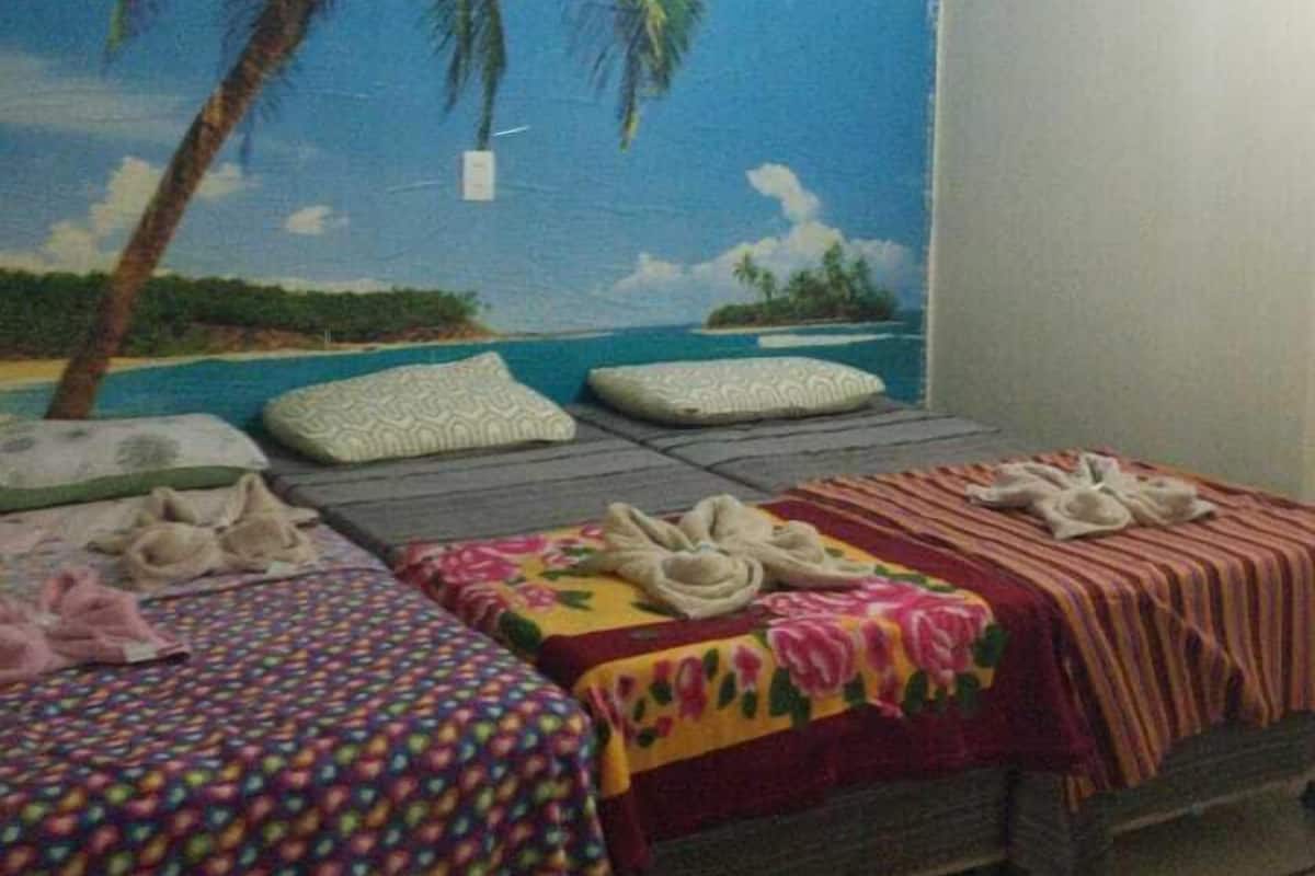 Ein Schlafzimmer mit einem Bett, Kissen, einem Teppich und einem Bild von einer Strandlandschaft.