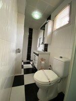 Habitación con 1 cama doble o 2 individuales | Baño | Ducha, secador de pelo, toallas y jabón