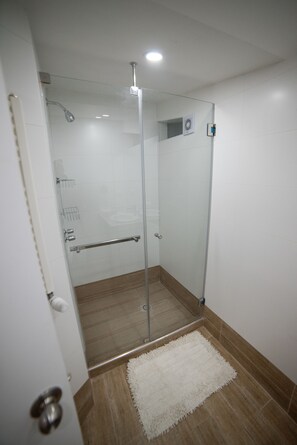 Shower, hair dryer, towels, soap