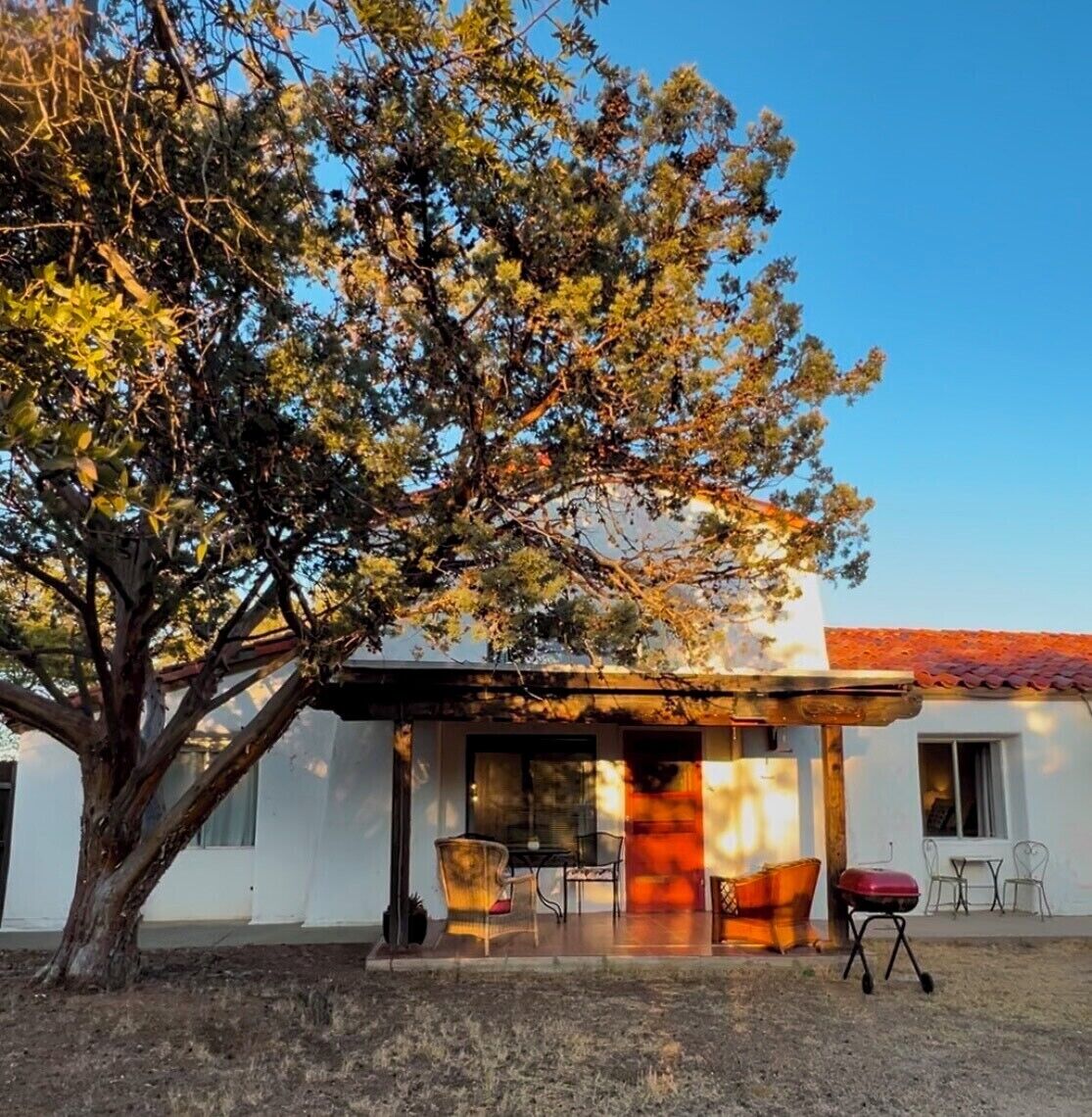 Un edificio con patio amoblado y un árbol.