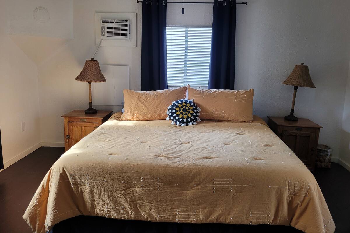 Un dormitorio con una cama grande, dos mesitas de noche, una ventana con cortinas y un equipo de aire acondicionado en la pared.