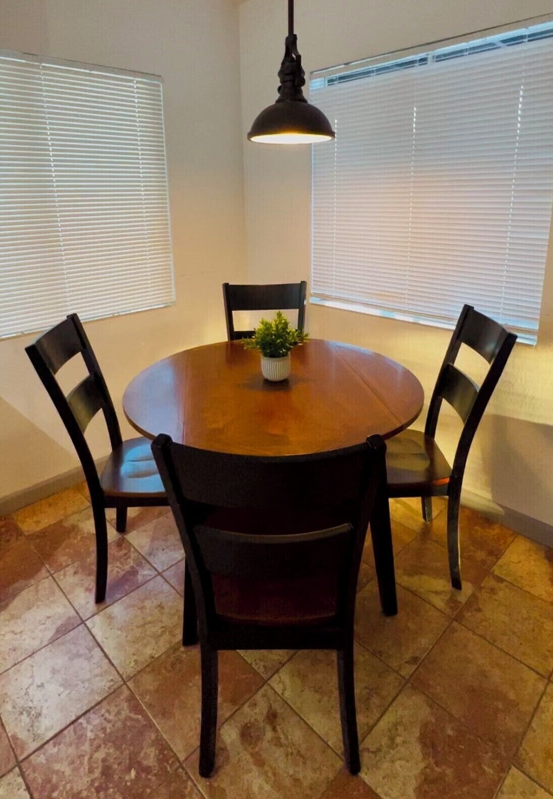 A dining area with a round wooden table, four chairs, a hanging light fixture, and a potted plant.