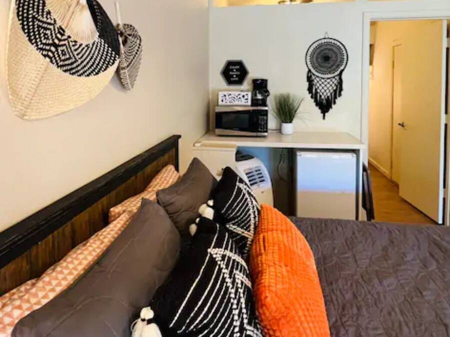 Un dormitorio con cama, almohadas, una mesita de noche con microondas, una planta y una pared decorada con un atrapasueños.