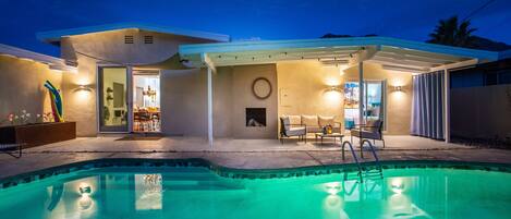 Outdoor pool, pool umbrellas, pool loungers