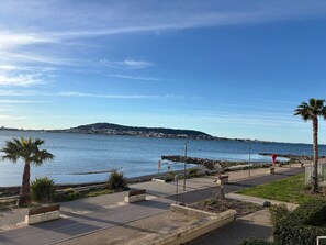 A waterfront promenade with benches, palm trees, and a view of the sea and distant hills.
