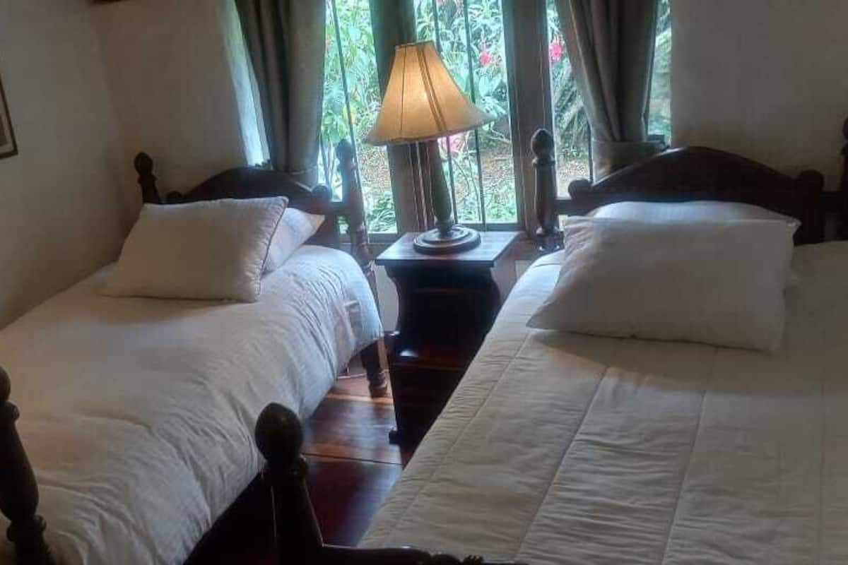 A room with two single beds, a nightstand with a lamp, and a window with curtains.