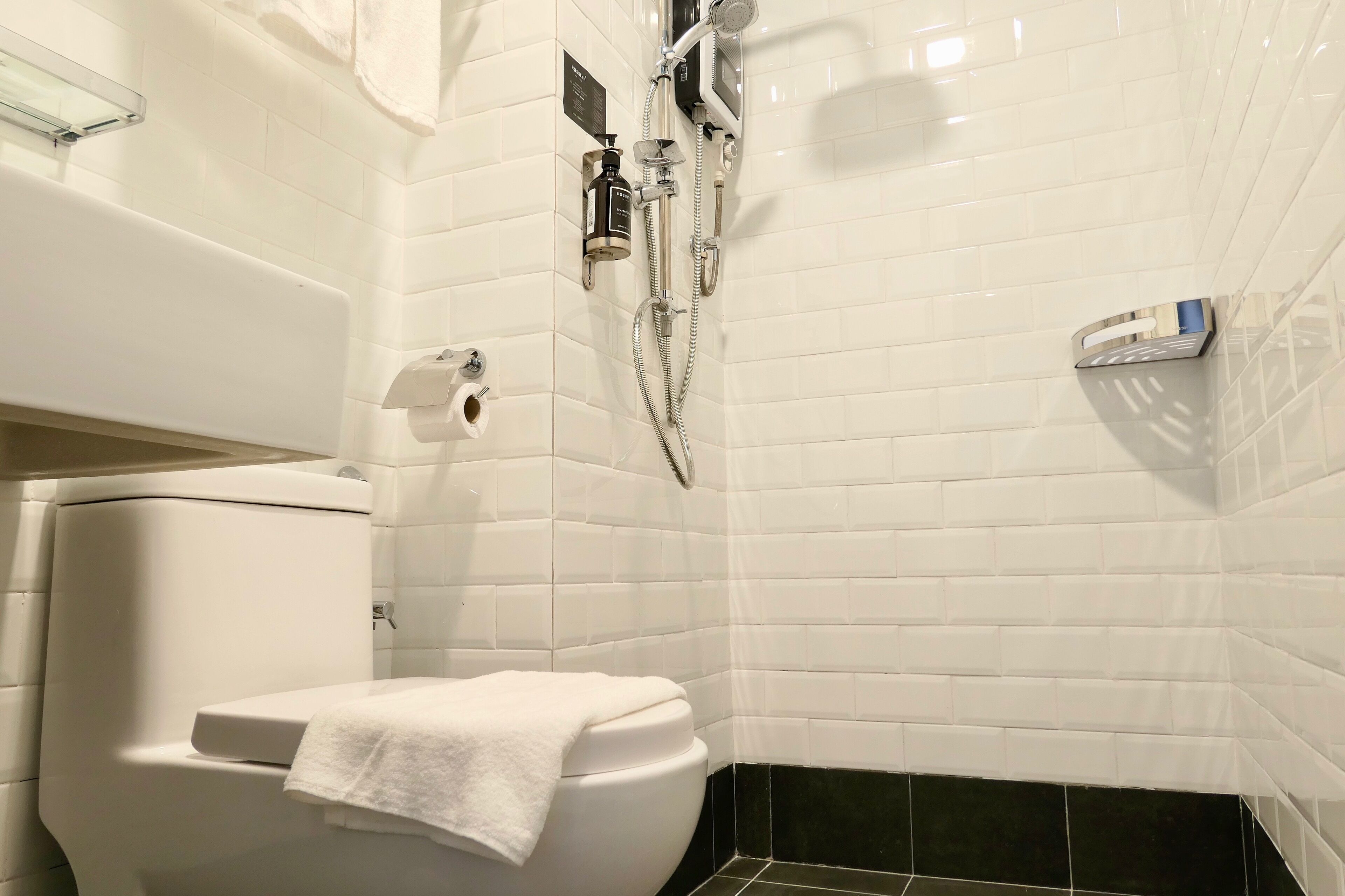 shower, free toiletries, bidet, towels