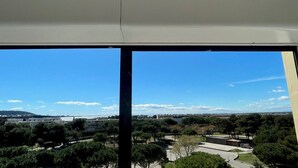 A view from inside a building, looking out to a park with trees and a body of water. - Cozy apartment with balcony, pets allowed, for holidays or treatments (Balaruc-les-Bains)