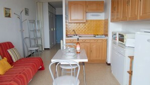 A compact living space with a kitchenette, a dining area, and a sofa. - Apartment 5 min from Thermes in Balaruc - Pets allowed (Balaruc-les-Bains)