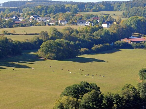 Un paysage rural avec un vaste champ ouvert, quelques arbres dispersés et un groupe de maisons en arrière-plan.