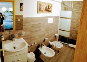 Een douche, een haardroger, een bidet, handdoeken