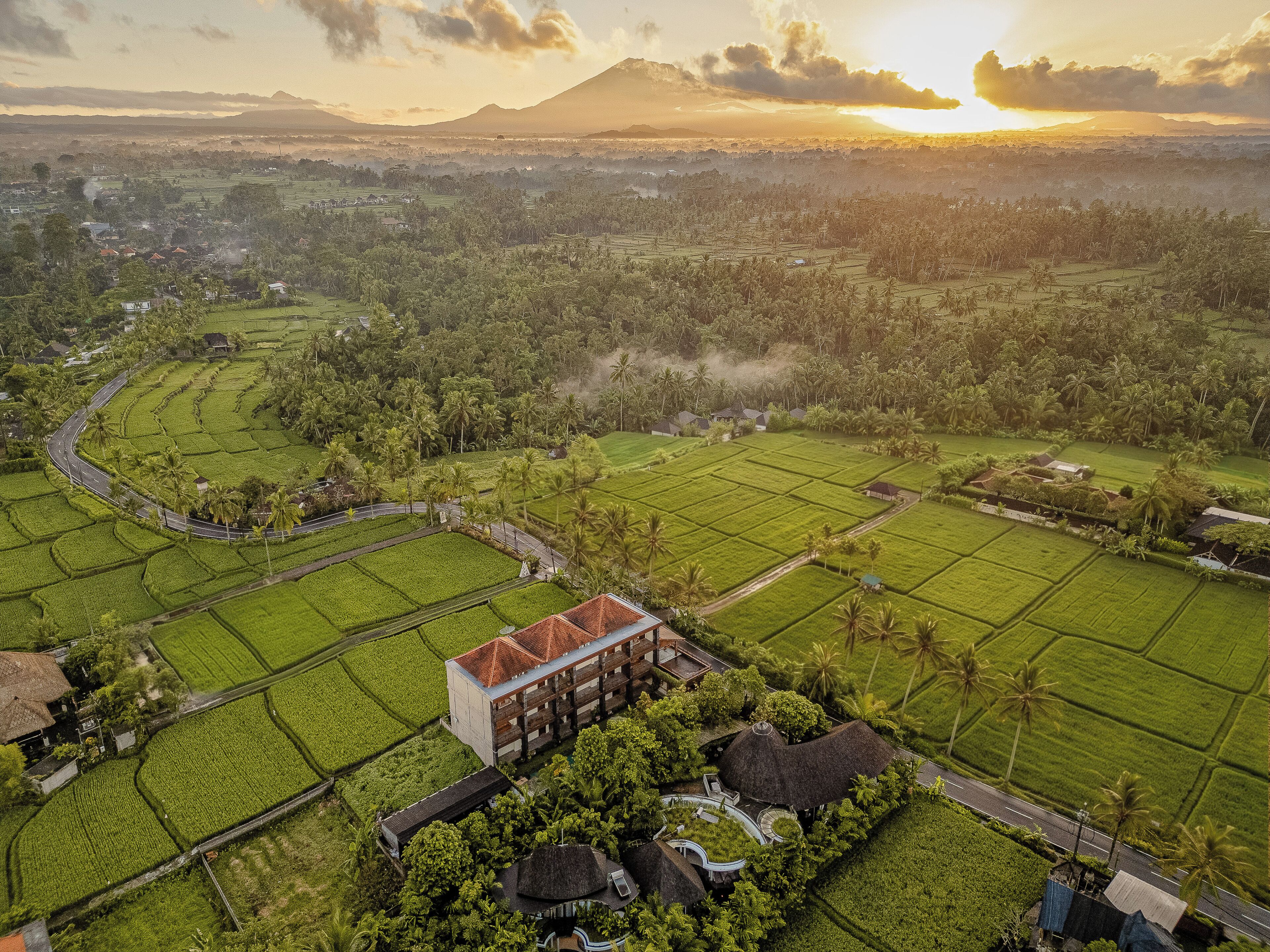 An aerial view of a rural landscape with terraced fields, a winding road, and a building with a red roof.
