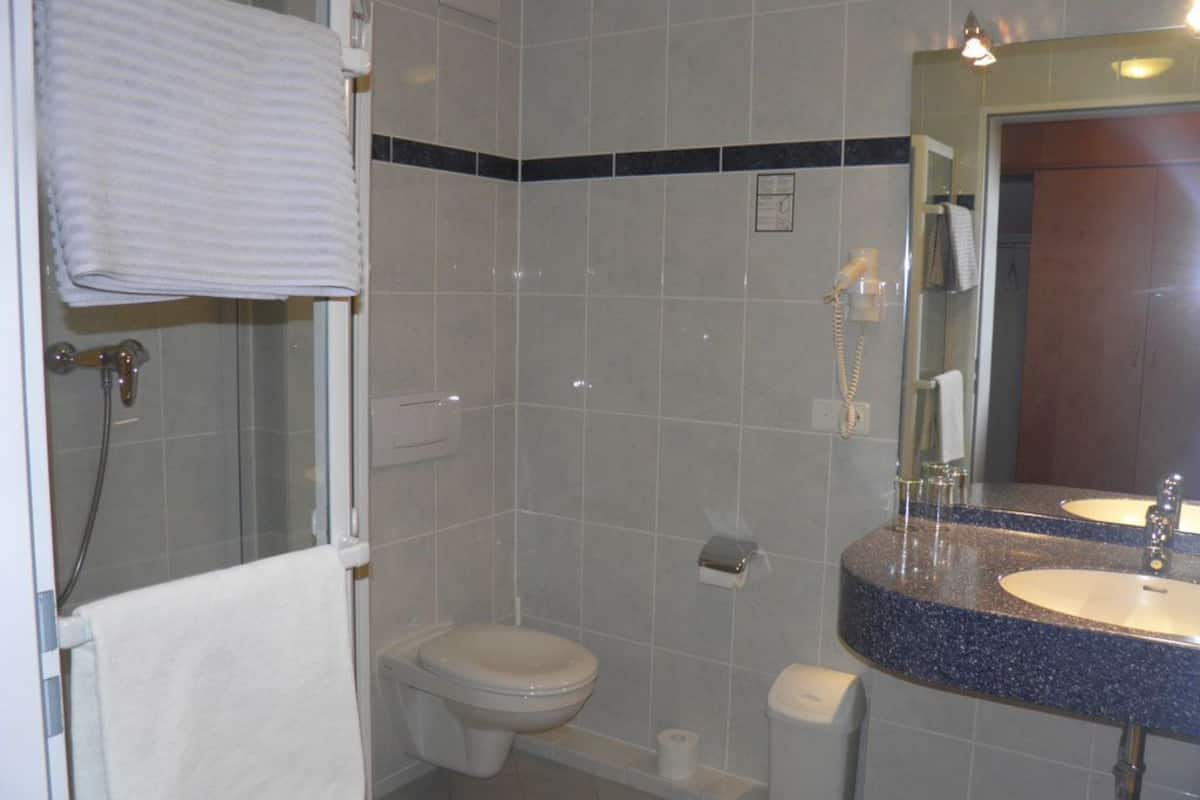 shower, hair dryer, towels, toilet paper