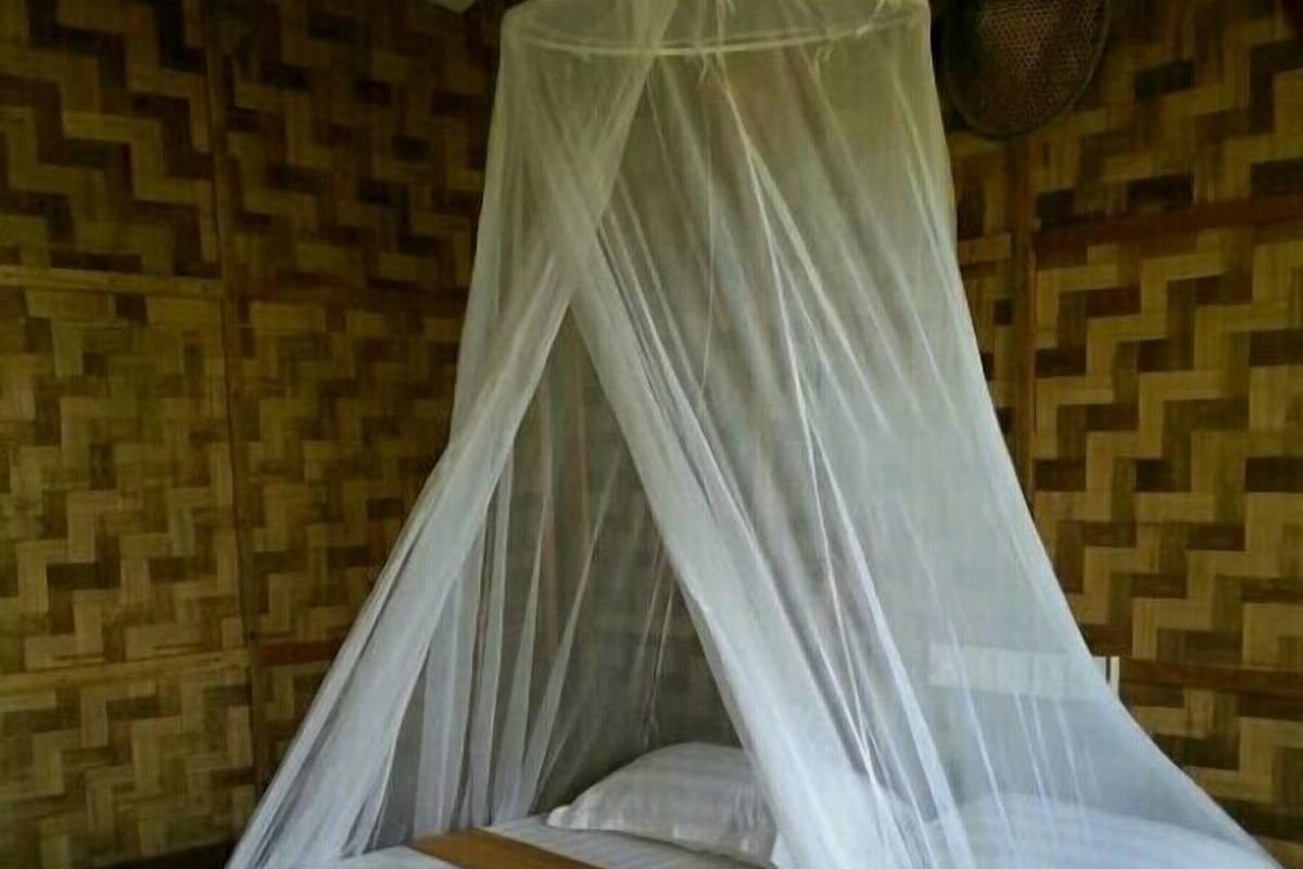 A bed with a white mosquito net and wooden headboard.