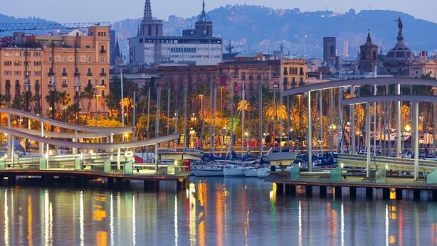 A waterfront marina with boats docked, a bridge, and buildings in the background. - V Barcelona Hostal (Barcelona)