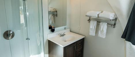 A bathroom with a glass-enclosed shower, a sink, a mirror, and a towel rack.