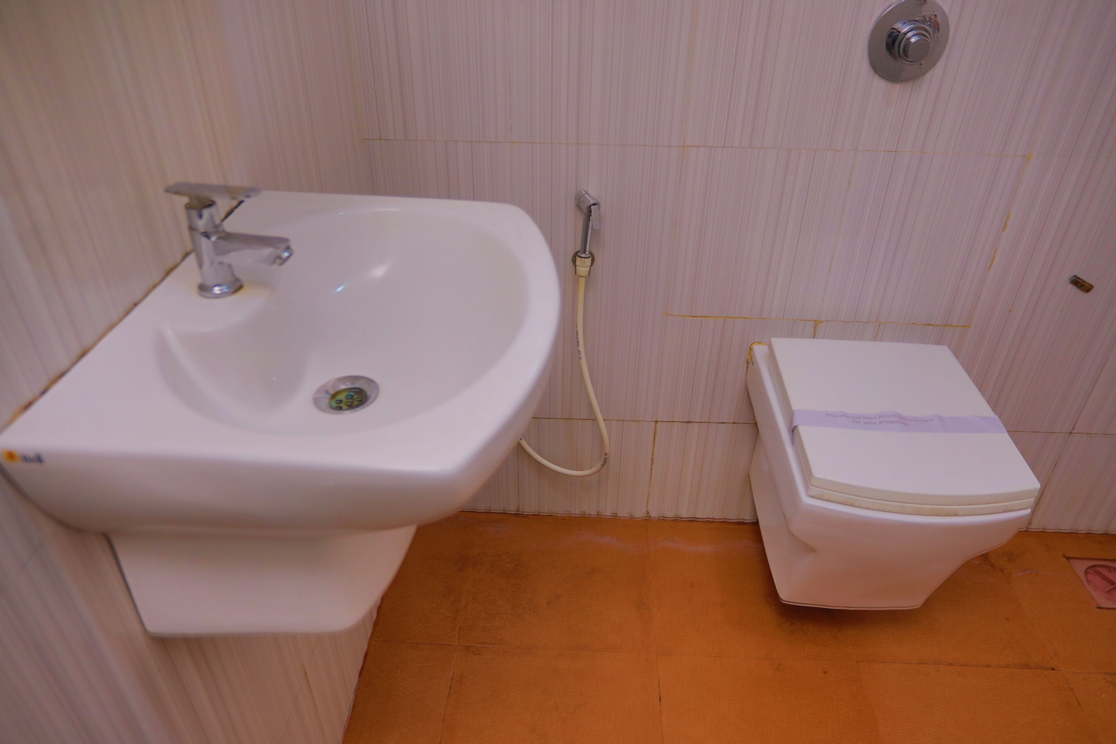 A bathroom with a sink, toilet, and a shower hose.