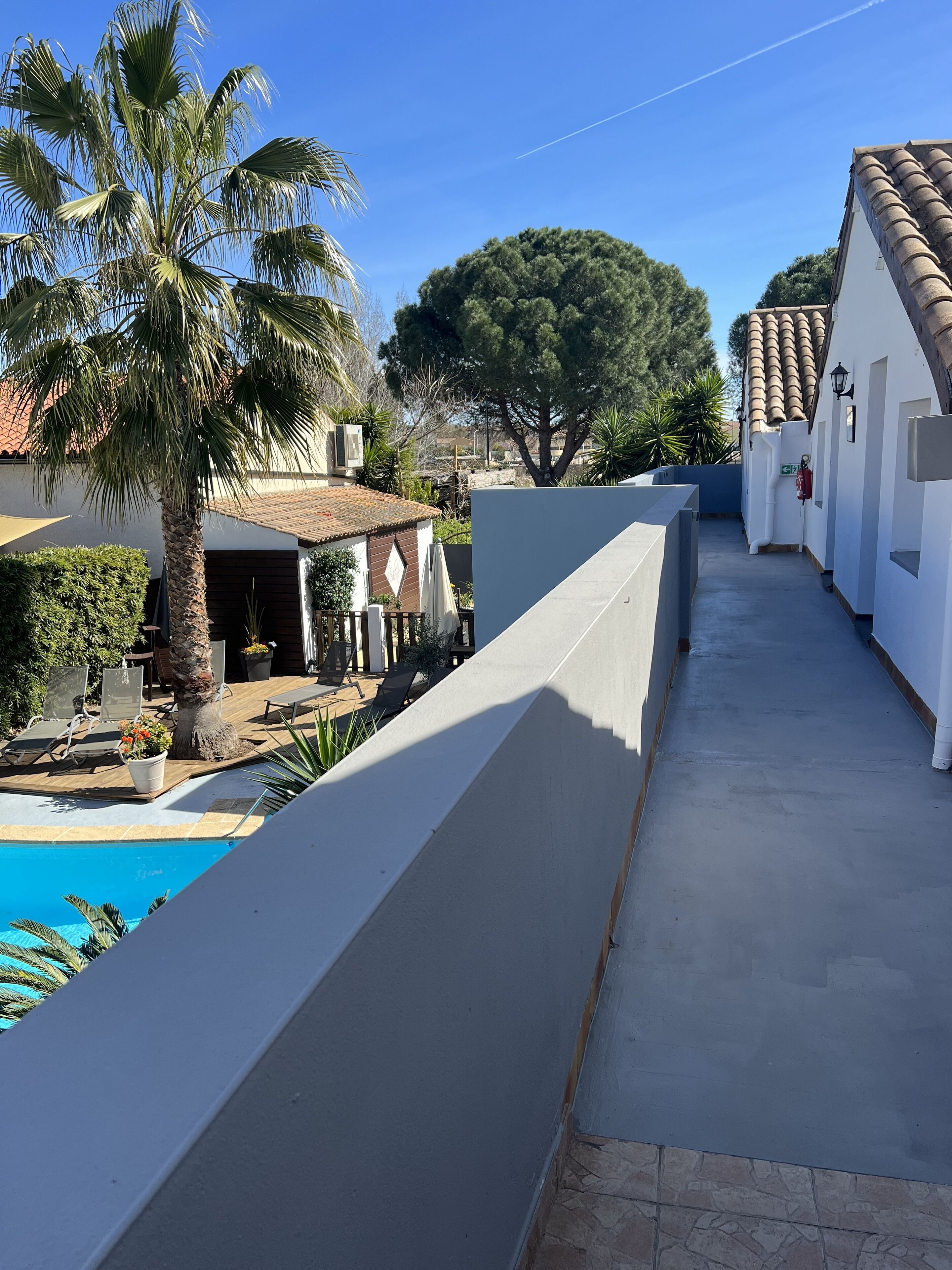 A residential area with a swimming pool, palm trees, and a tiled-roof building.