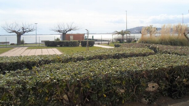 Un espace aménagé avec un sentier, des bancs et une vue sur une étendue d’eau.