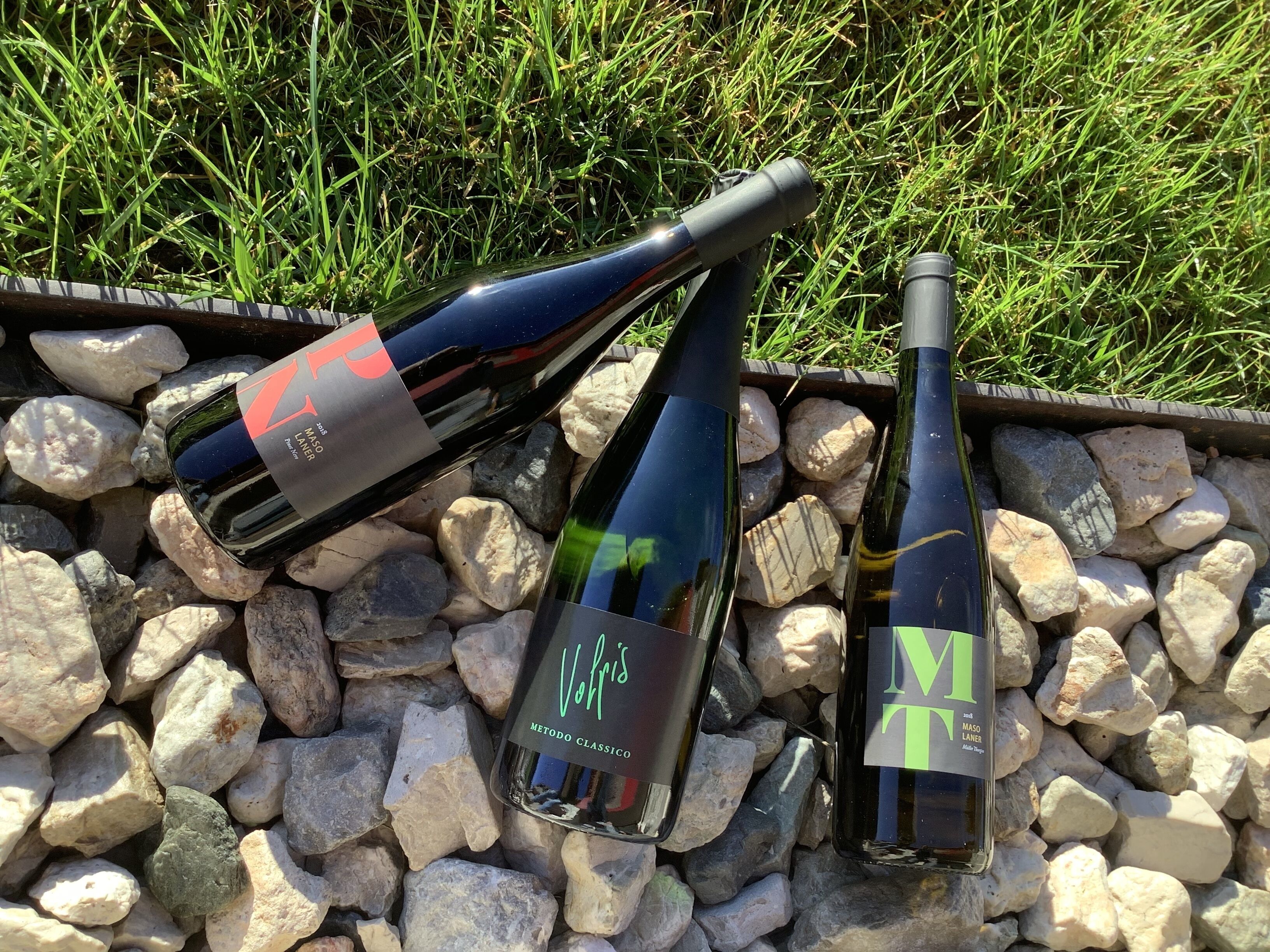 Three wine bottles on a bed of rocks with grass in the background.