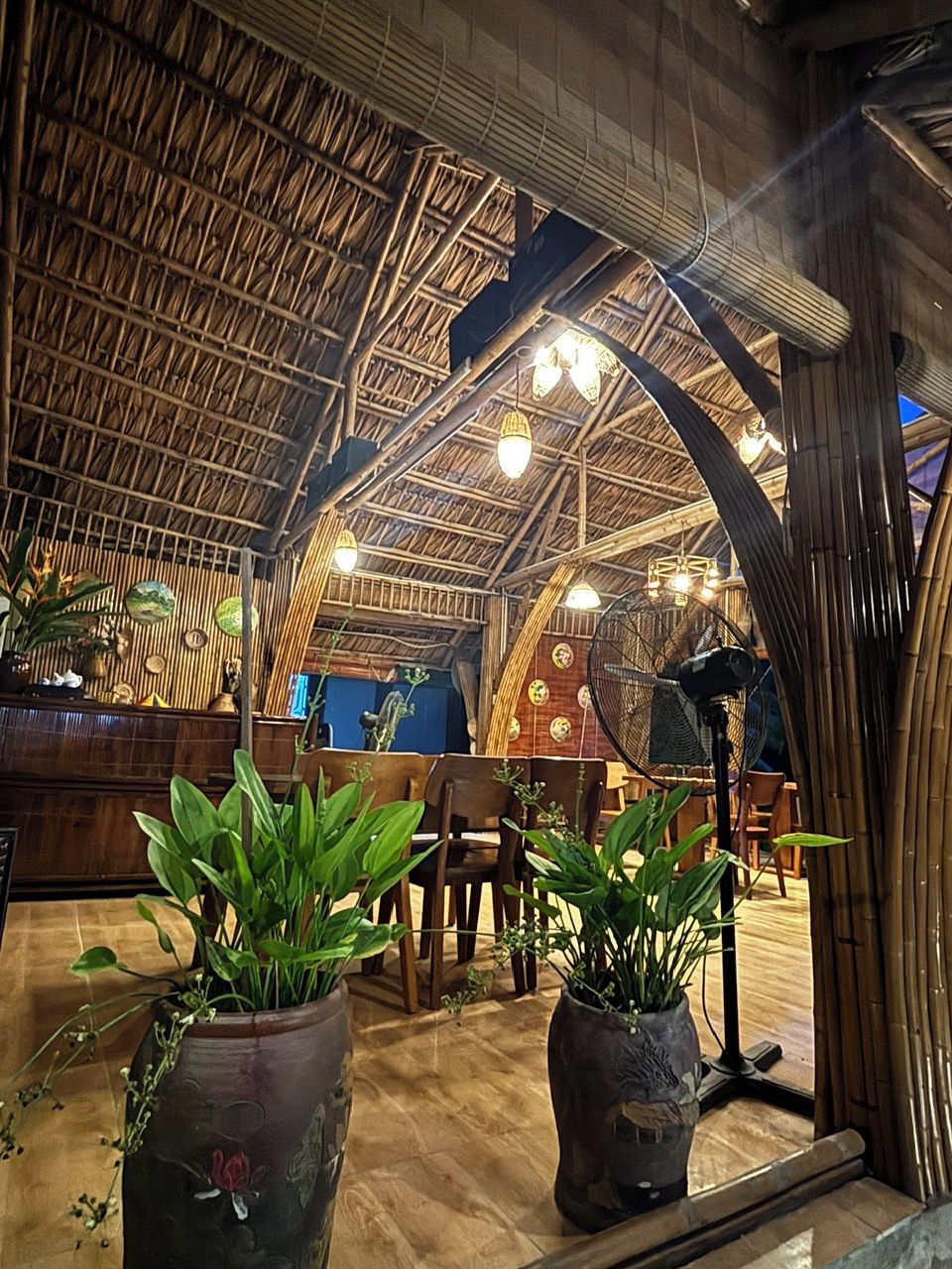 An indoor space with a high ceiling, wooden beams, and hanging lights. There are potted plants in the foreground.