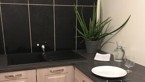 A kitchen with a black countertop, a white sink, and a potted plant. - Chambre D'hote et Gite Le Parc (Revel)