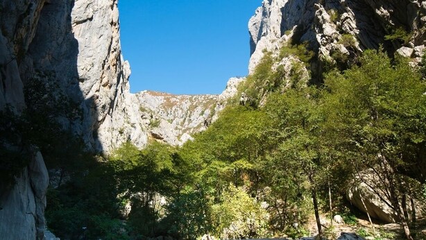 A rocky landscape with a clear blue sky, featuring a gravel path leading through a narrow canyon flanked by steep rock walls and green vegetation. - Room in Starigrad-Paklenica with WIFI (627-7) (Starigrad)