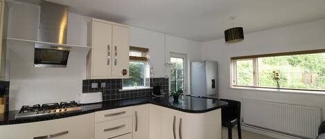 Full-size fridge, microwave, oven, stovetop