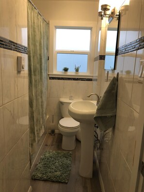 Een kleine badkamer met toilet, wastafel en douche.
