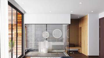 Shower, rainfall showerhead, free toiletries, hair dryer