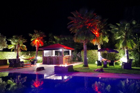 Outdoor pool, pool umbrellas, pool loungers